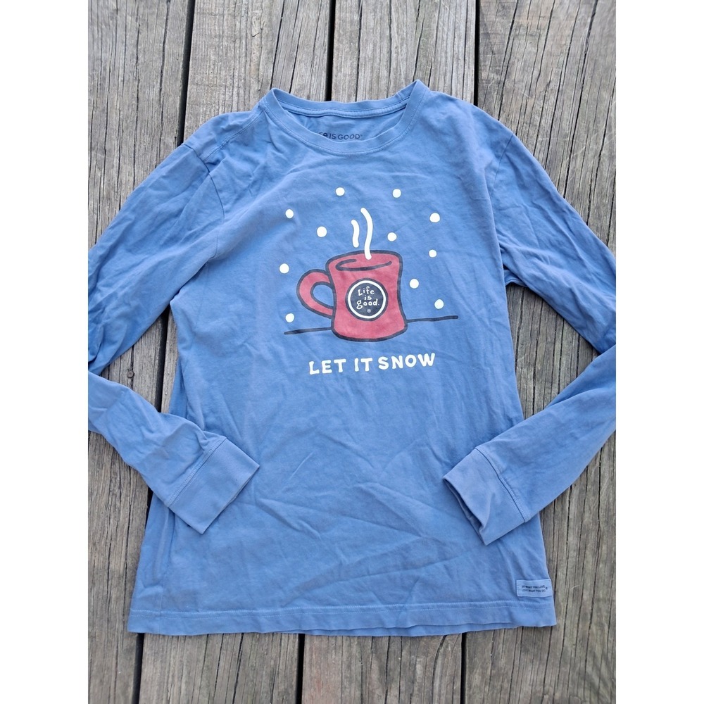 Life is Good Sleep Womens Long Sleeve T Shirt Blue Start Me Up Coffee Sz S J2